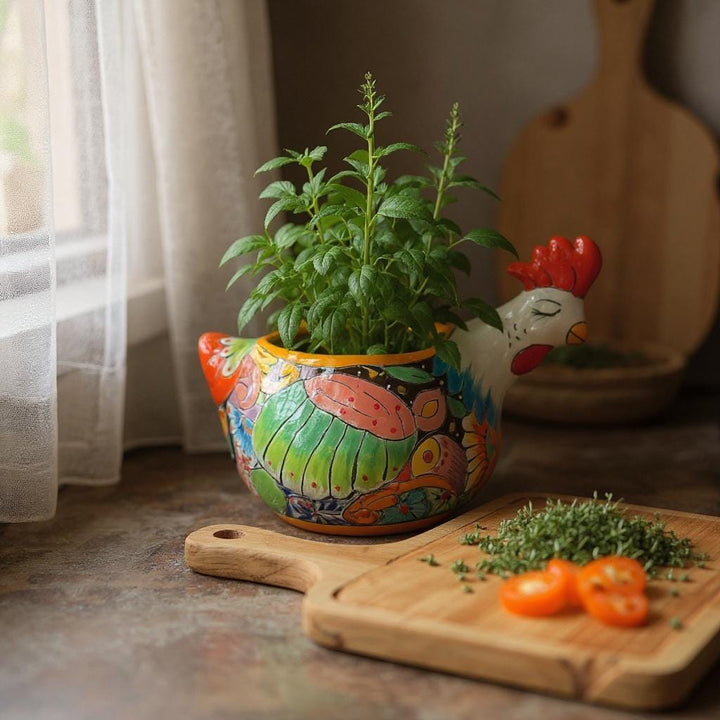Beautiful Hand Painted Mexican Talavera Sleeping White Chicken Hen Planter Pot