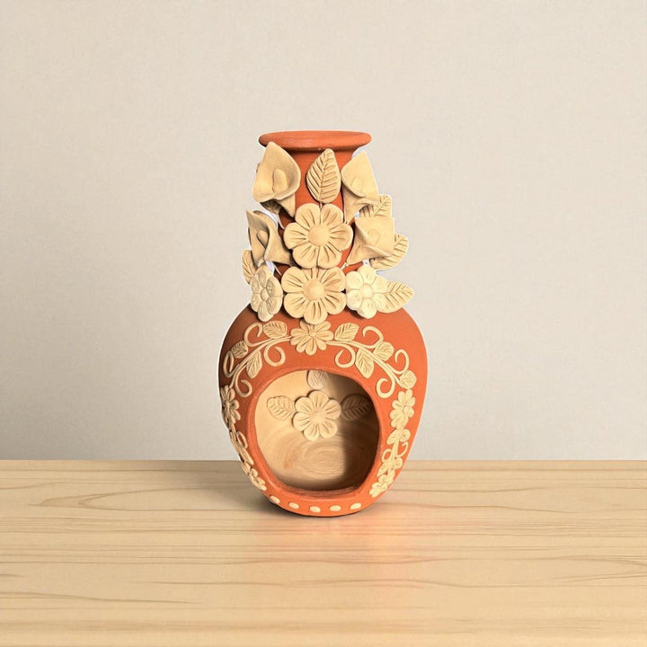 Hand Sculpted Countertop Natural Clay Floral Mexican Folkart Chimney “Chimenea de Barro” From Oaxaca