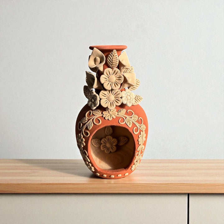 Hand Sculpted Countertop Natural Clay Floral Mexican Folkart Chimney “Chimenea de Barro” From Oaxaca