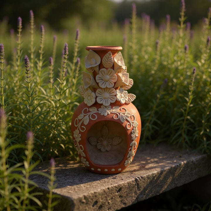 Hand Sculpted Countertop Natural Clay Floral Mexican Folkart Chimney “Chimenea de Barro” From Oaxaca