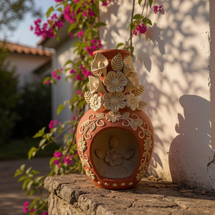 Hand Sculpted Countertop Natural Clay Floral Mexican Folkart Chimney “Chimenea de Barro” From Oaxaca