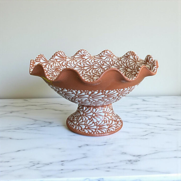 Hand Painted Brown and White Talavera Scalloped Rim Fruit Bowl (Cielito Lindo Inspired)