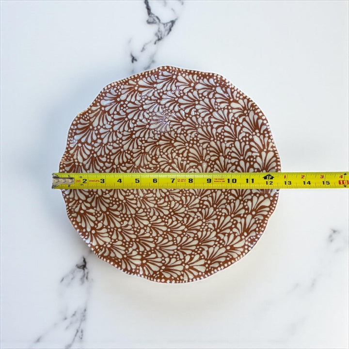 Hand Painted Brown and White Talavera Scalloped Rim Fruit Bowl (Cielito Lindo Inspired)