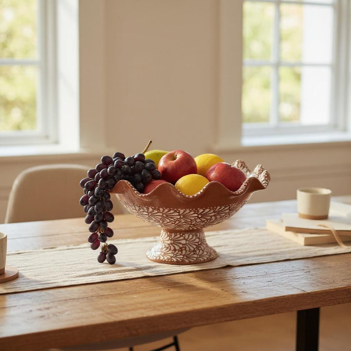 Hand Painted Brown and White Talavera Scalloped Rim Fruit Bowl (Cielito Lindo Inspired)