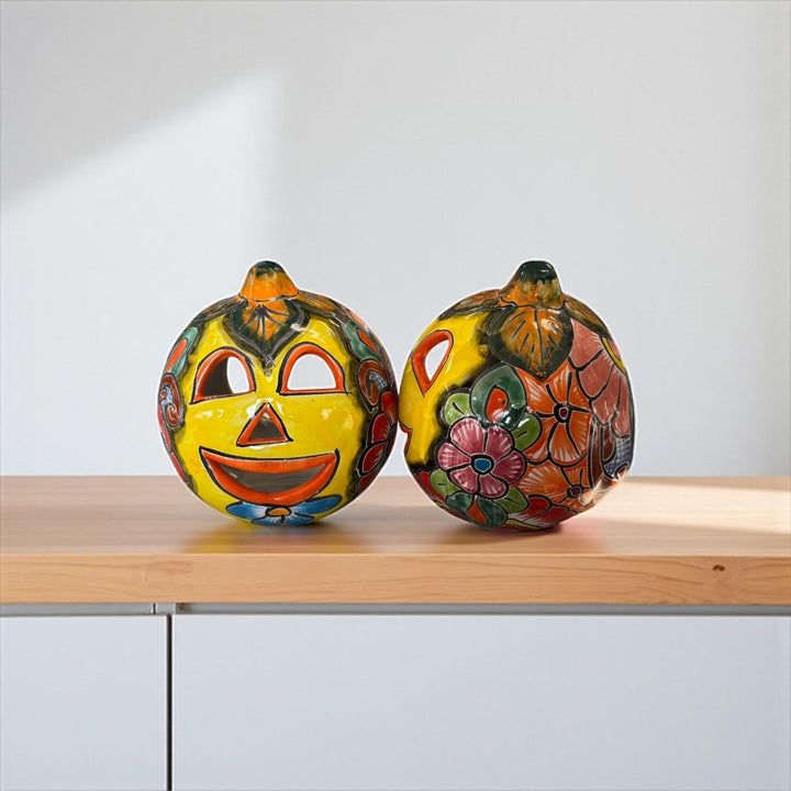 Hand Painted Mexican Talavera Halloween Yellow Pumpkin Luminary in Tabletop Medium (Varying Design)
