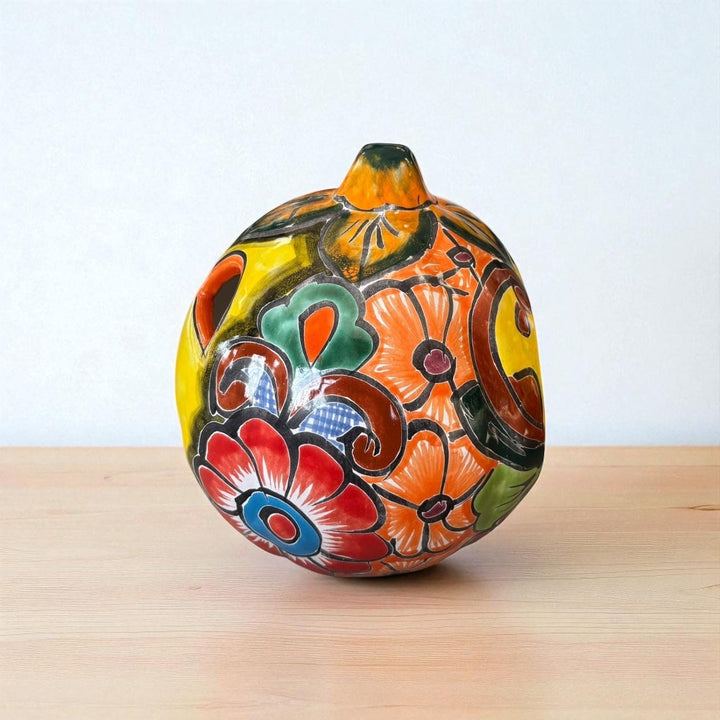 Hand Painted Mexican Talavera Halloween Yellow Pumpkin Luminary in Tabletop Medium (Varying Design)