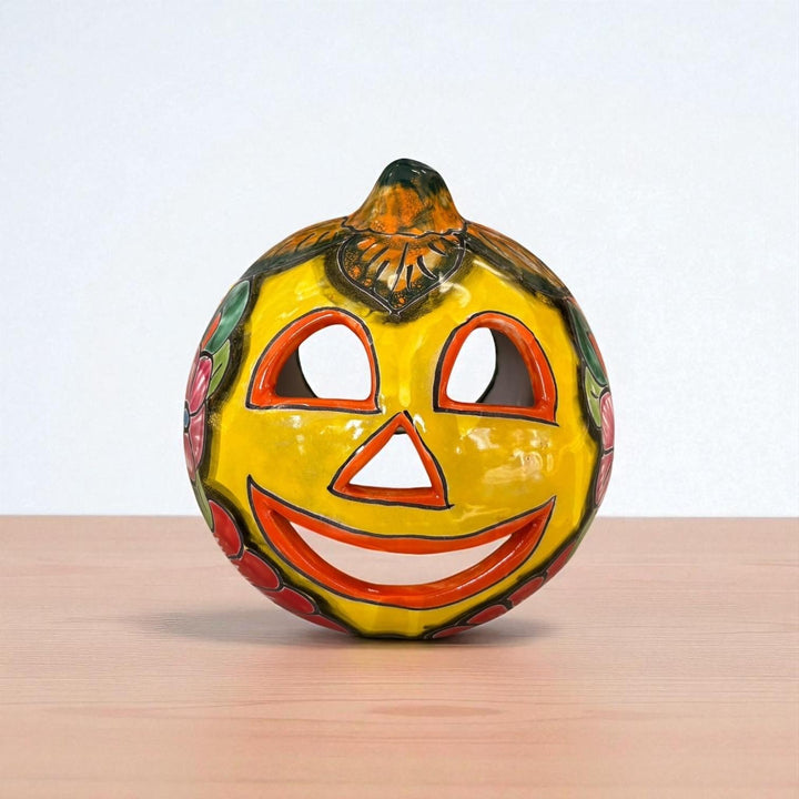 Hand Painted Mexican Talavera Halloween Yellow Pumpkin Luminary in Tabletop Medium (Varying Design)