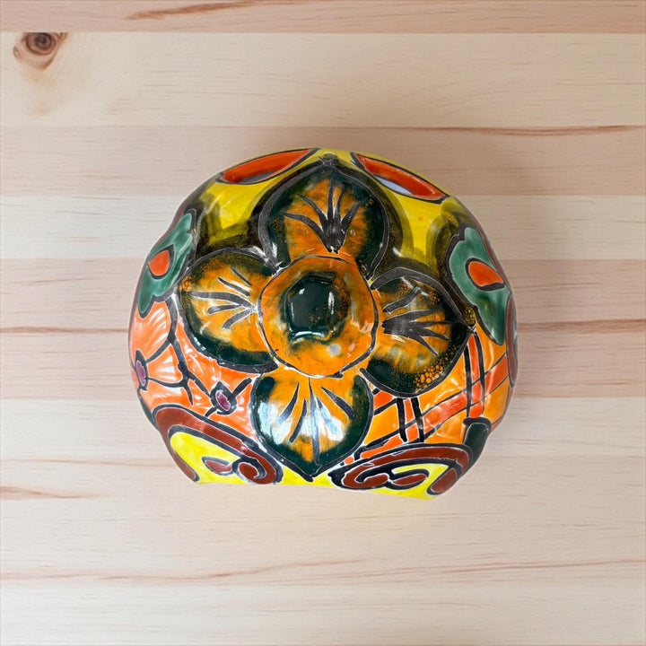 Hand Painted Mexican Talavera Halloween Yellow Pumpkin Luminary in Tabletop Medium (Varying Design)