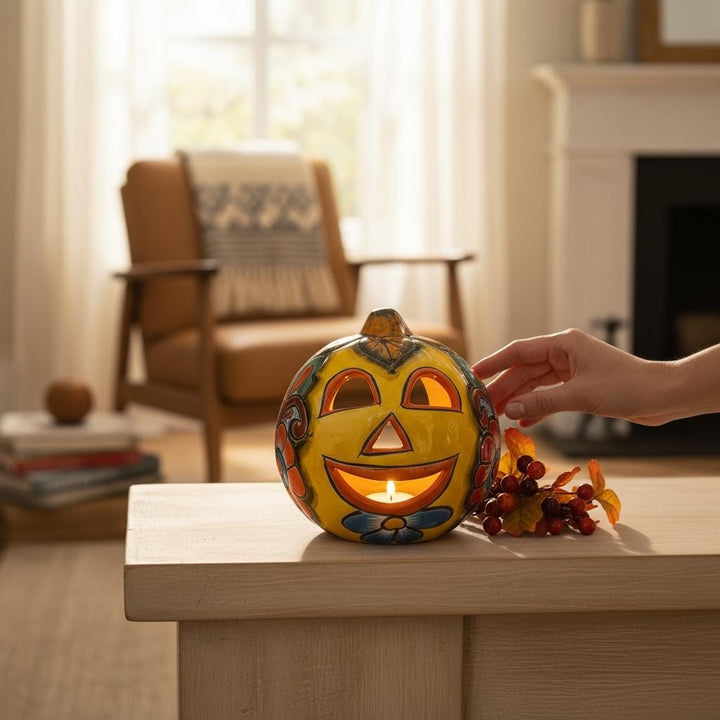 Hand Painted Mexican Talavera Halloween Yellow Pumpkin Luminary in Tabletop Medium (Varying Design)