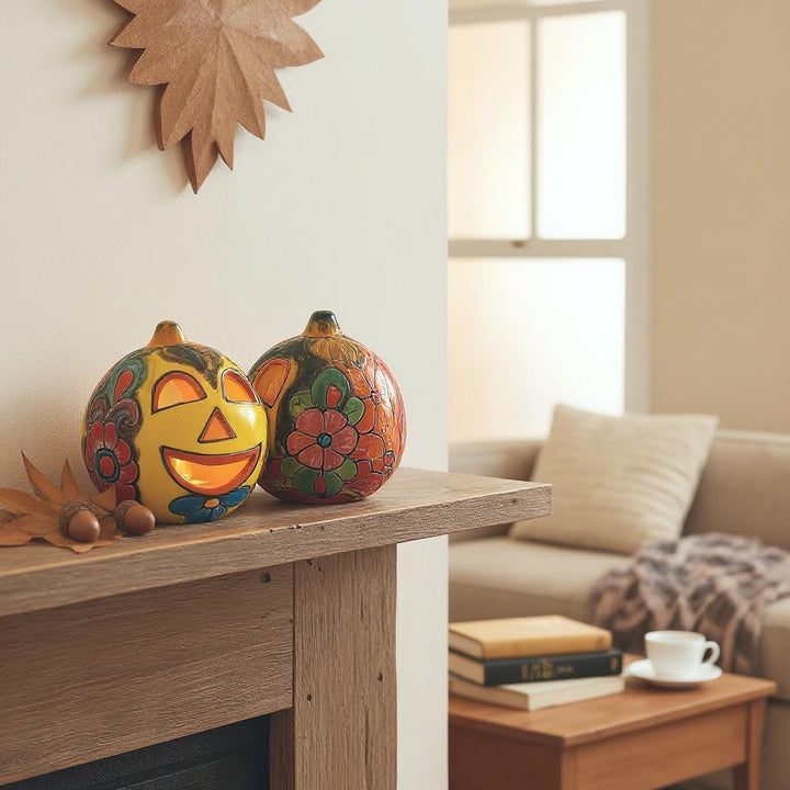 Hand Painted Mexican Talavera Halloween Yellow Pumpkin Luminary in Tabletop Medium (Varying Design)