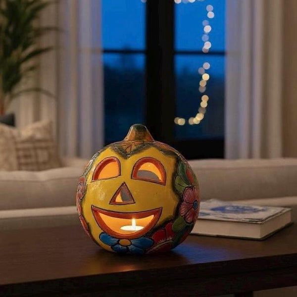 Hand Painted Mexican Talavera Halloween Yellow Pumpkin Luminary in Tabletop Medium (Varying Design)
