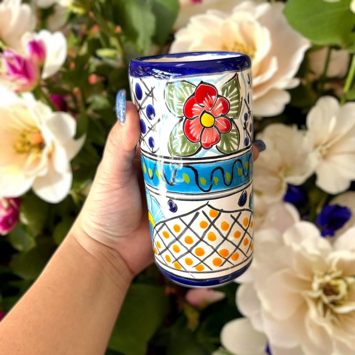 Beautiful Hand Painted Dark Blue Rim Floral Talavera Tumbler Cup – Assorted Sizes