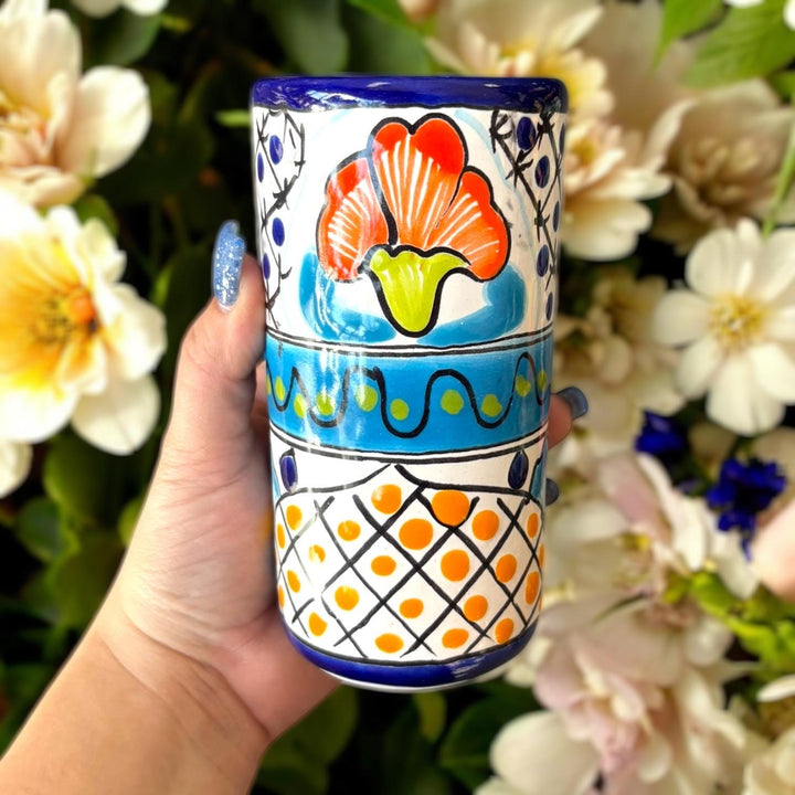 Beautiful Hand Painted Dark Blue Rim Floral Talavera Tumbler Cup – Assorted Sizes