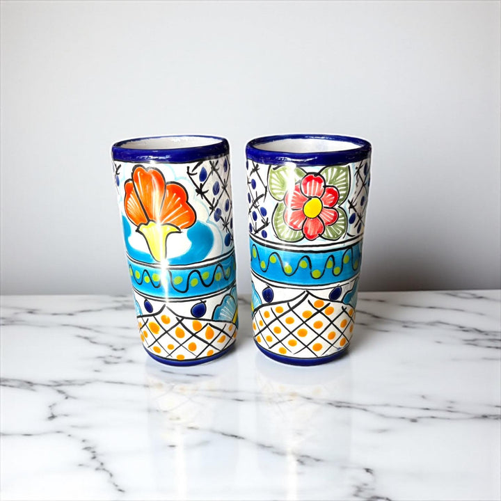Beautiful Hand Painted Dark Blue Rim Floral Talavera Tumbler Cup – Assorted Sizes
