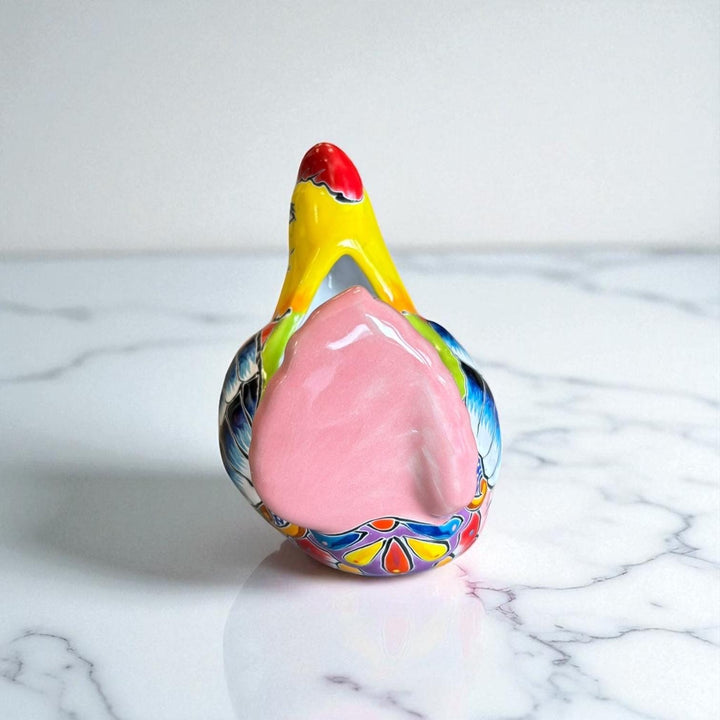 Small Hand Painted Mexican Talavera Yellow & Pink Tail Chicken Rooster Planter Pot