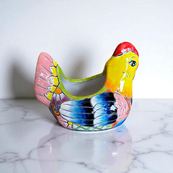 Small Hand Painted Mexican Talavera Yellow & Pink Tail Chicken Rooster Planter Pot