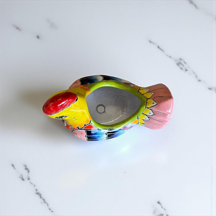 Small Hand Painted Mexican Talavera Yellow & Pink Tail Chicken Rooster Planter Pot