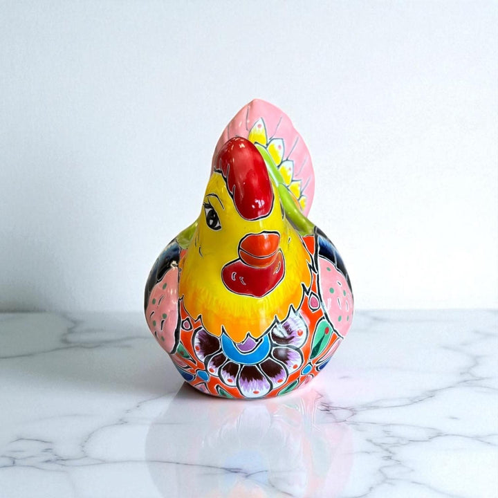 Small Hand Painted Mexican Talavera Yellow & Pink Tail Chicken Rooster Planter Pot
