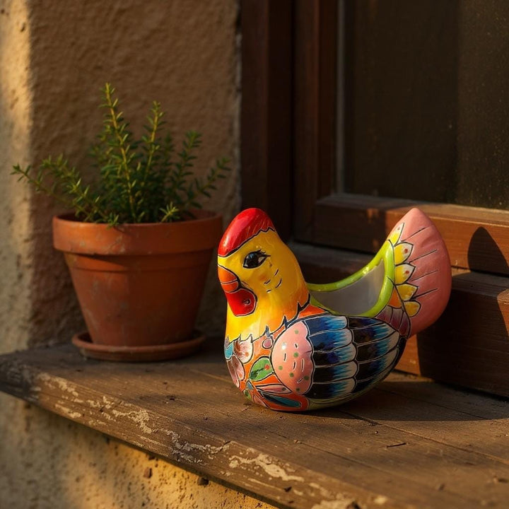 Small Hand Painted Mexican Talavera Yellow & Pink Tail Chicken Rooster Planter Pot