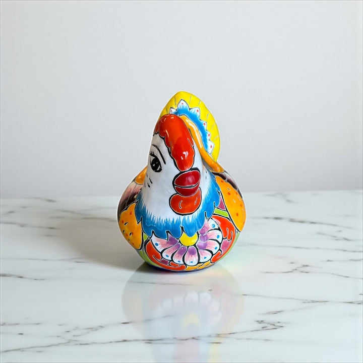 Small Hand Painted Mexican Talavera Yellow & Blue Tail Chicken Rooster Planter Pot