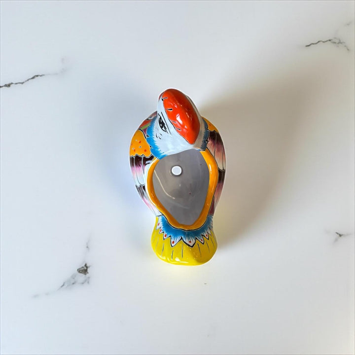 Small Hand Painted Mexican Talavera Yellow & Blue Tail Chicken Rooster Planter Pot