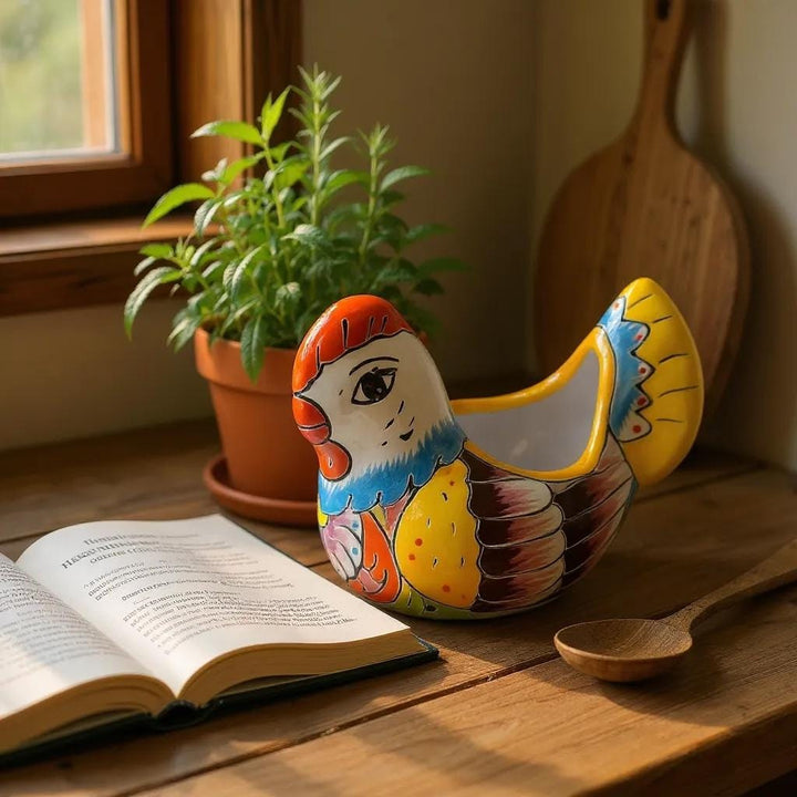 Small Hand Painted Mexican Talavera Yellow & Blue Tail Chicken Rooster Planter Pot