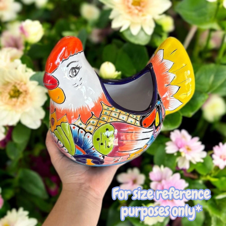 Beautiful Hand Painted Mexican Talavera Blue & Pink Tail Chicken Hen Planter Pot