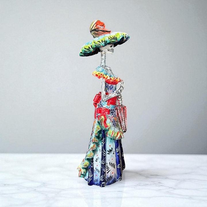 Beautiful Large Handcrafted & Handpainted Mexican Talavera Elegant Catrina Skeleton Sculpture