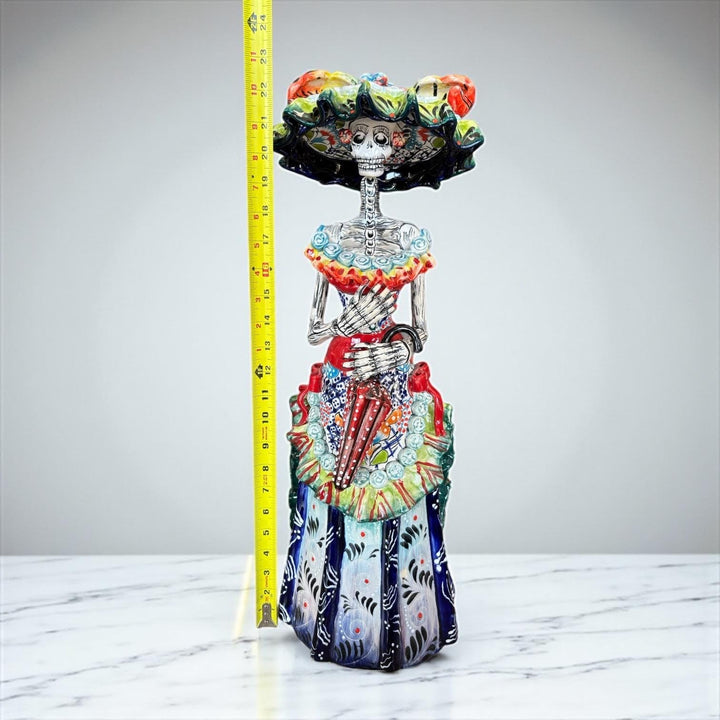 Beautiful Large Handcrafted & Handpainted Mexican Talavera Elegant Catrina Skeleton Sculpture