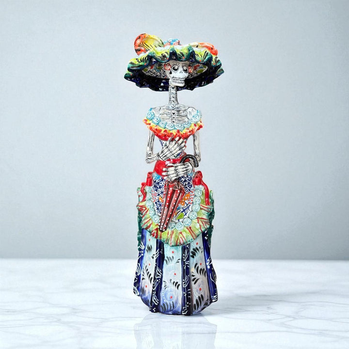 Beautiful Large Handcrafted & Handpainted Mexican Talavera Elegant Catrina Skeleton Sculpture