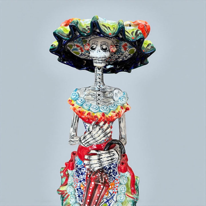 Beautiful Large Handcrafted & Handpainted Mexican Talavera Elegant Catrina Skeleton Sculpture