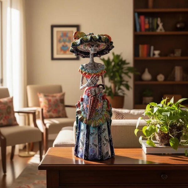 Beautiful Large Handcrafted & Handpainted Mexican Talavera Elegant Catrina Skeleton Sculpture