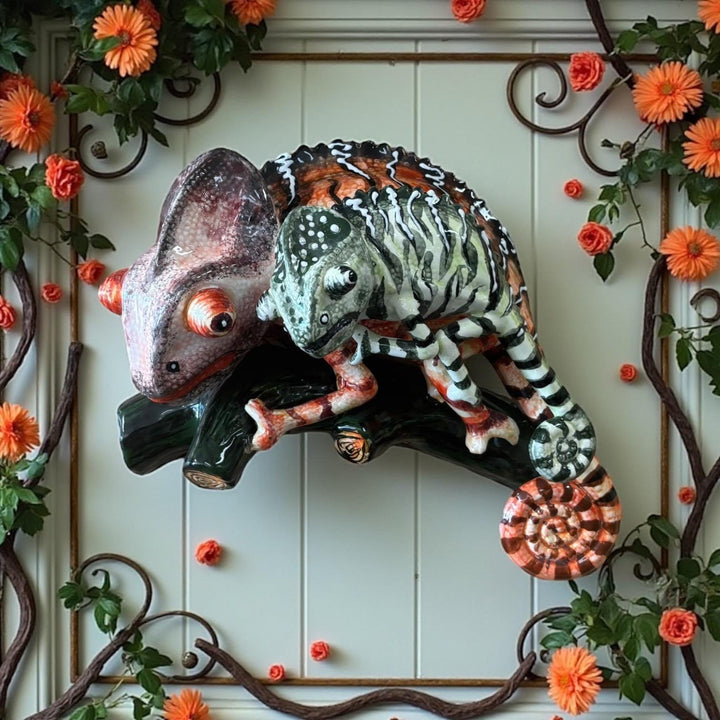 Beautiful Hand Painted Mexican Talavera Chameleon Momma & Baby Wall Decor – Assorted Designs