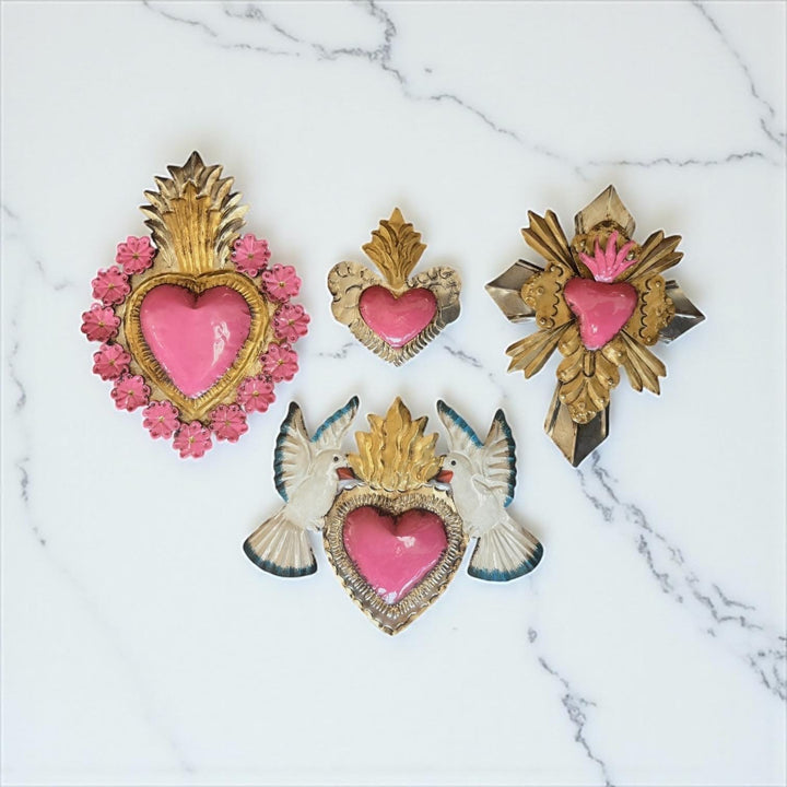 Handmade Mexican Pink Tin Hearts Wall Decor – Assorted Designs (Corazon Sagrado Inspired)