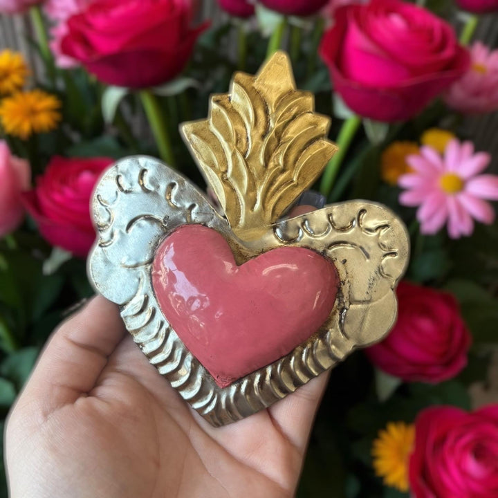 Handmade Mexican Pink Tin Hearts Wall Decor – Assorted Designs (Corazon Sagrado Inspired)