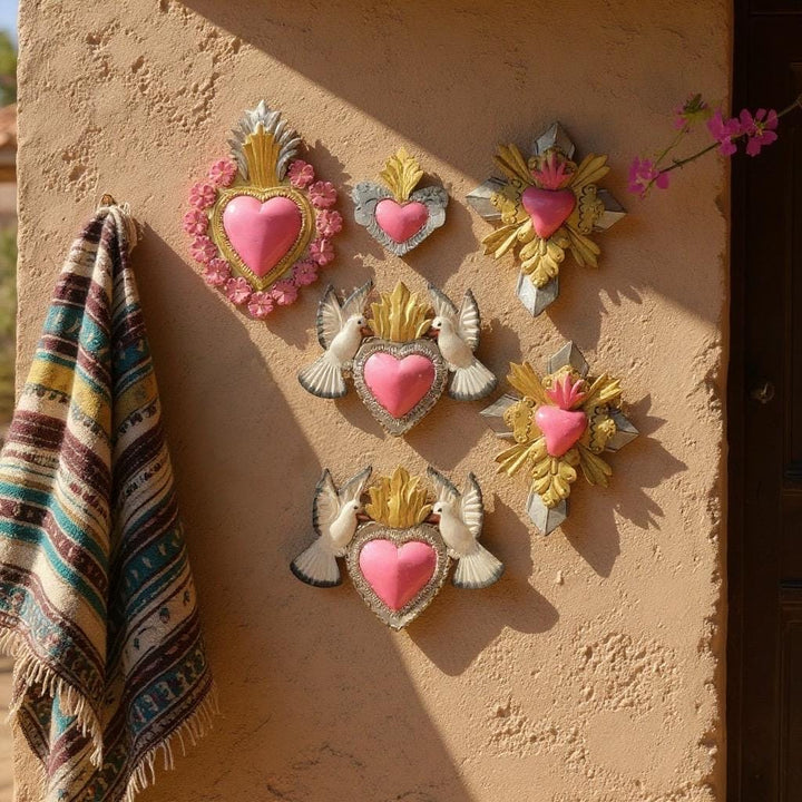 Handmade Mexican Pink Tin Hearts Wall Decor – Assorted Designs (Corazon Sagrado Inspired)