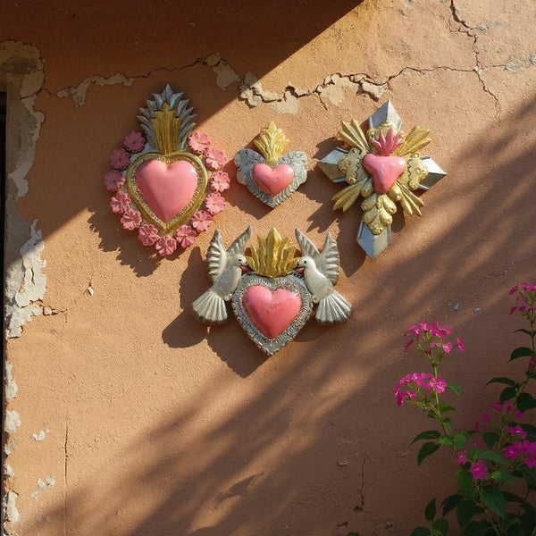 Handmade Mexican Pink Tin Hearts Wall Decor – Assorted Designs (Corazon Sagrado Inspired)