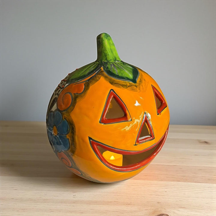 Hand Painted Mexican Talavera Halloween Hollow Orange Pumpkin Luminary (Varying Design)