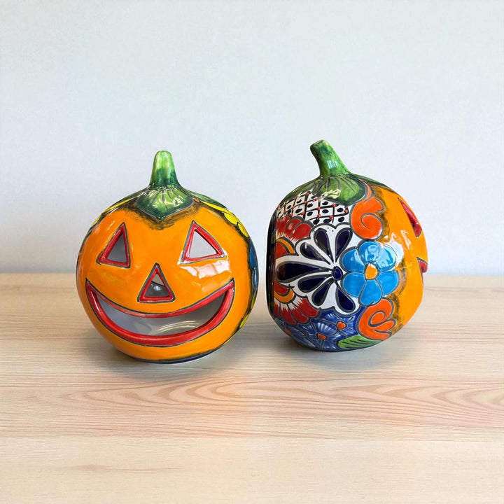 Hand Painted Mexican Talavera Halloween Hollow Orange Pumpkin Luminary (Varying Design)