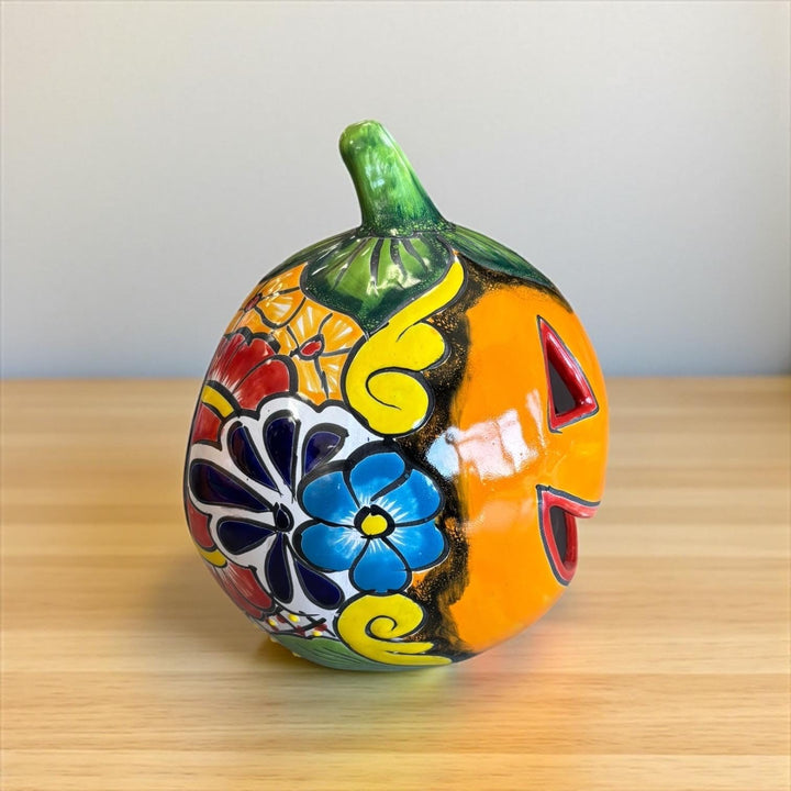 Hand Painted Mexican Talavera Halloween Hollow Orange Pumpkin Luminary (Varying Design)
