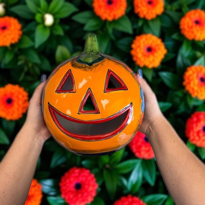 Hand Painted Mexican Talavera Halloween Hollow Orange Pumpkin Luminary (Varying Design)