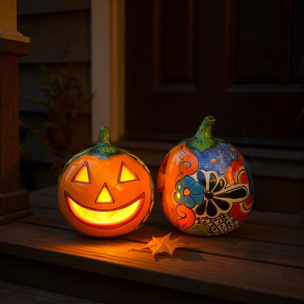 Hand Painted Mexican Talavera Halloween Hollow Orange Pumpkin Luminary (Varying Design)