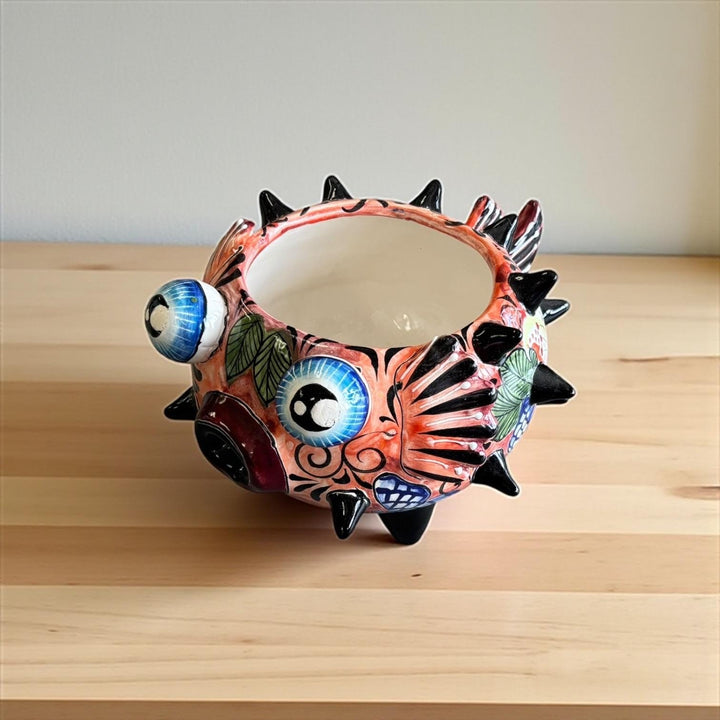 Beautiful Hand Painted Mexican Talavera Salmon Red Floral Pufferfish Planter Pot
