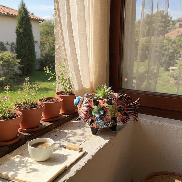 Beautiful Hand Painted Mexican Talavera Salmon Red Floral Pufferfish Planter Pot