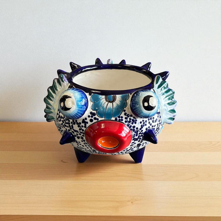 Beautiful Hand Painted Mexican Talavera Blue & Orange Pufferfish Planter Pot