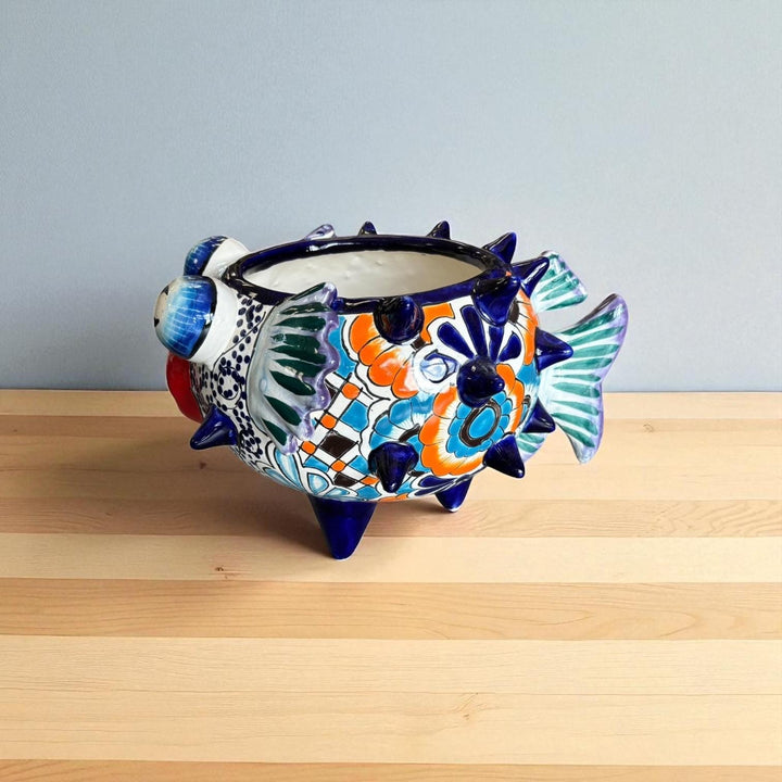 Beautiful Hand Painted Mexican Talavera Blue & Orange Pufferfish Planter Pot