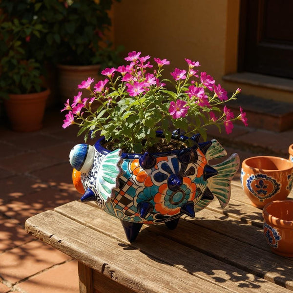 Beautiful Hand Painted Mexican Talavera Blue & Orange Pufferfish Planter Pot