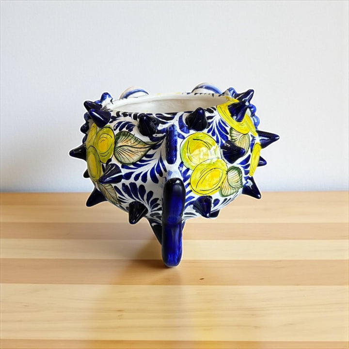 Beautiful Hand Painted Mexican Talavera White & Blue Lemon Pufferfish Planter Pot
