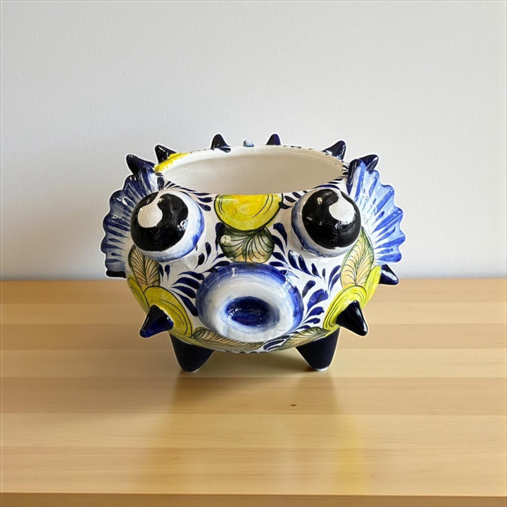 Beautiful Hand Painted Mexican Talavera White & Blue Lemon Pufferfish Planter Pot