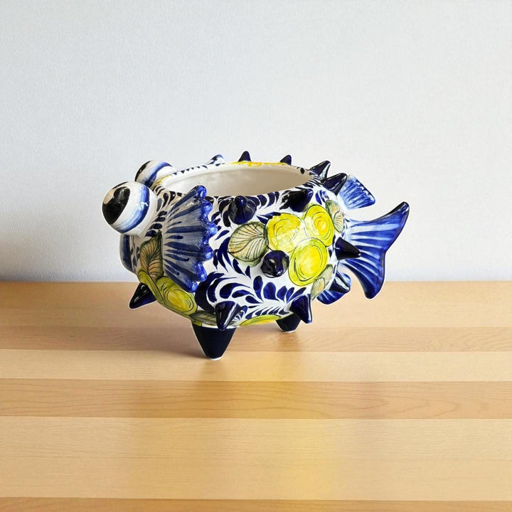 Beautiful Hand Painted Mexican Talavera White & Blue Lemon Pufferfish Planter Pot